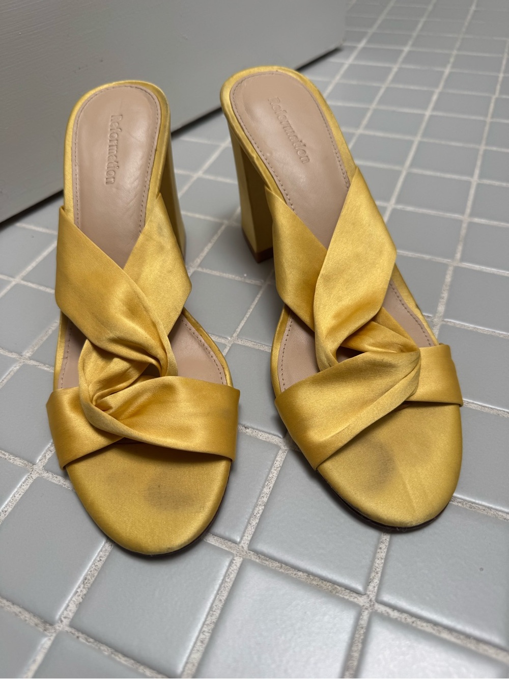 Reformation Yellow Satin Twist Mule Heels, Size 8.5